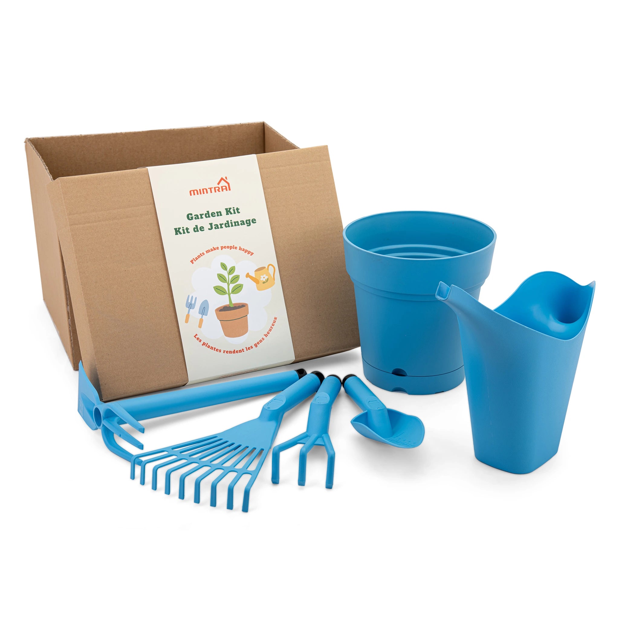Kit de Jardin - 1 Arrosoir 2L - 1 Pot de Jardin Rond - et 4 outils de Jardinage (Cultivateur,Truelle,Pelle,Râteau)