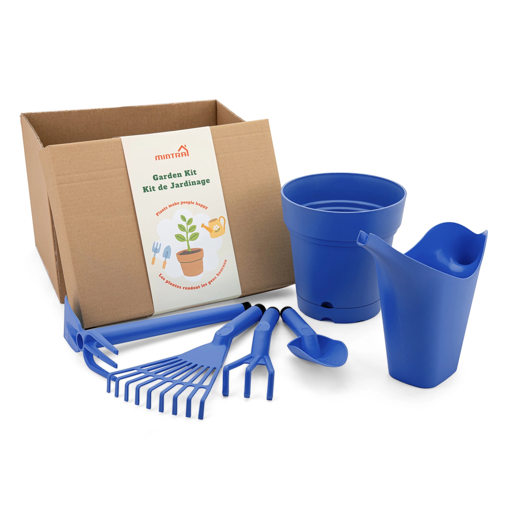 Kit de Jardin - 1 Arrosoir 2L - 1 Pot de Jardin Rond - et 4 outils de Jardinage (Cultivateur,Truelle,Pelle,Râteau)