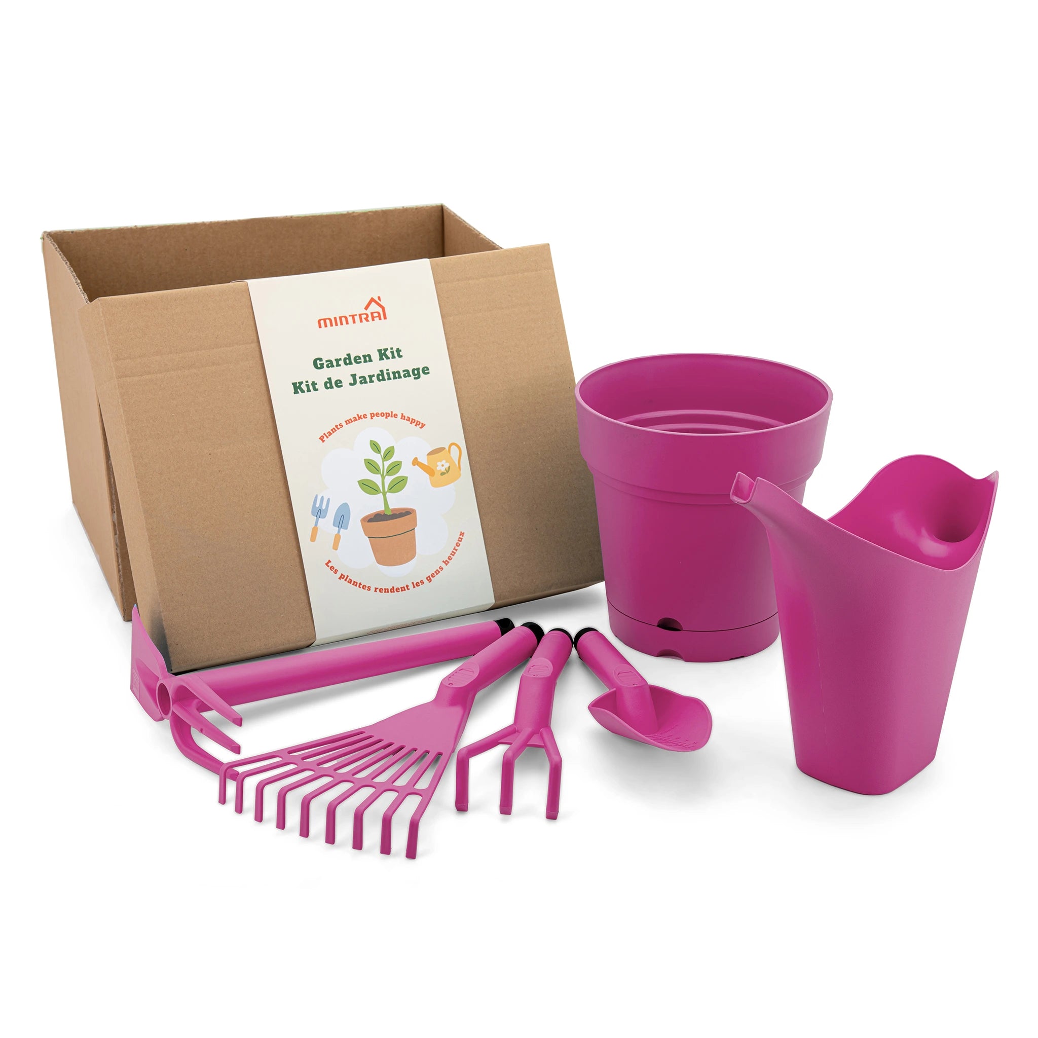 Kit de Jardin - 1 Arrosoir 2L - 1 Pot de Jardin Rond - et 4 outils de Jardinage (Cultivateur,Truelle,Pelle,Râteau)