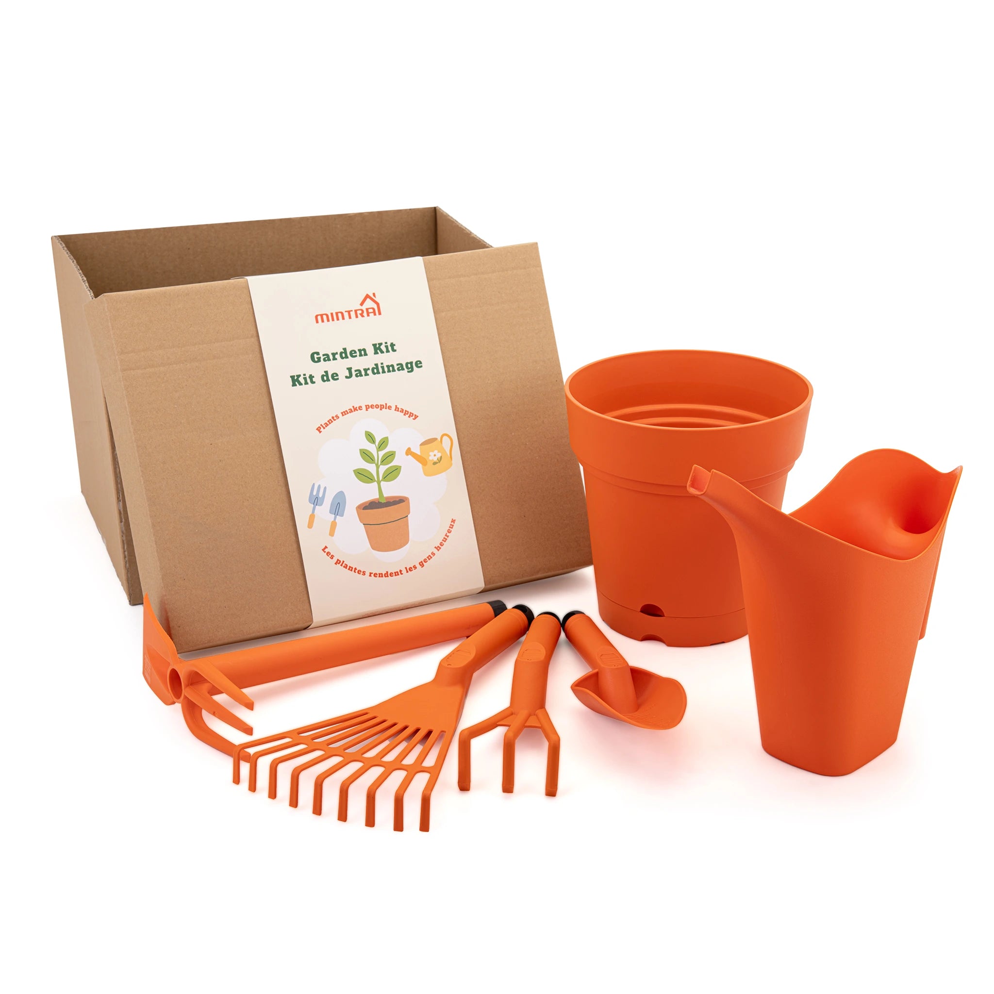 Kit de Jardin - 1 Arrosoir 2L - 1 Pot de Jardin Rond - et 4 outils de Jardinage (Cultivateur,Truelle,Pelle,Râteau)