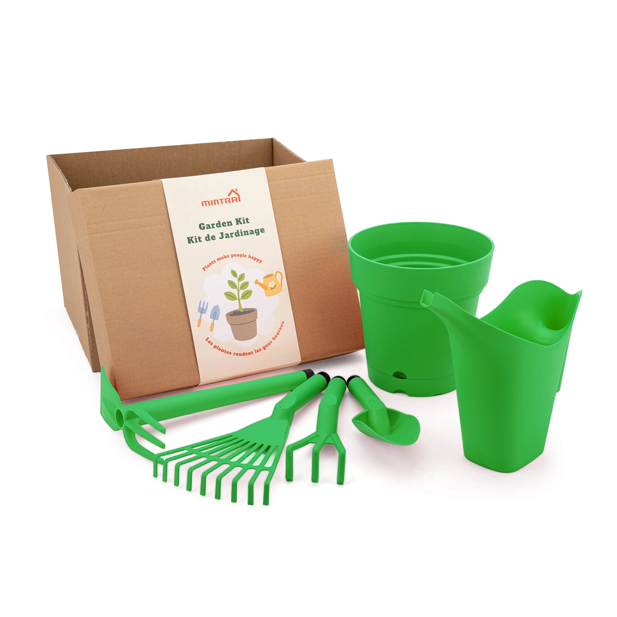 Kit de Jardin - 1 Arrosoir 2L - 1 Pot de Jardin Rond - et 4 outils de Jardinage (Cultivateur,Truelle,Pelle,Râteau)