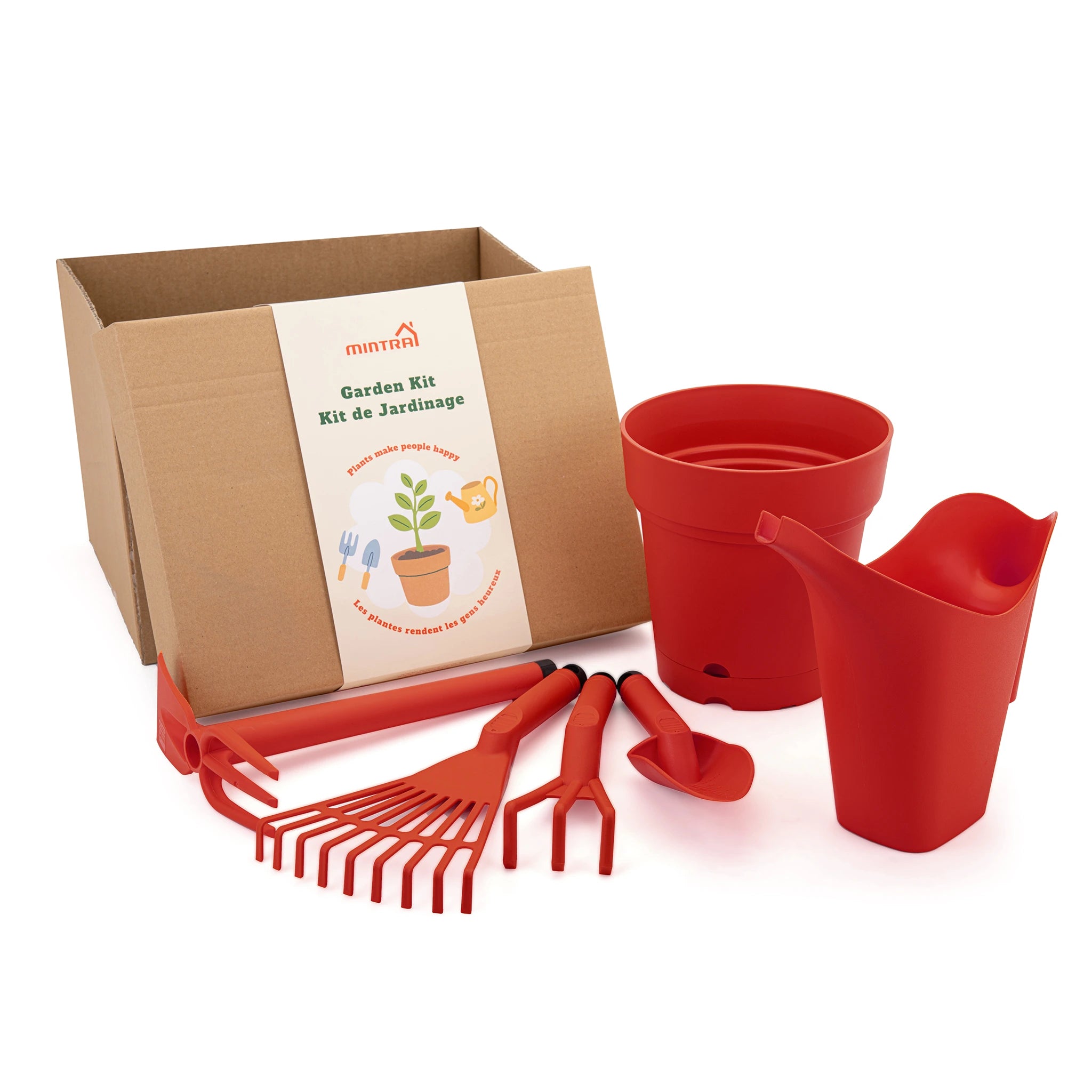Kit de Jardin - 1 Arrosoir 2L - 1 Pot de Jardin Rond - et 4 outils de Jardinage (Cultivateur,Truelle,Pelle,Râteau)
