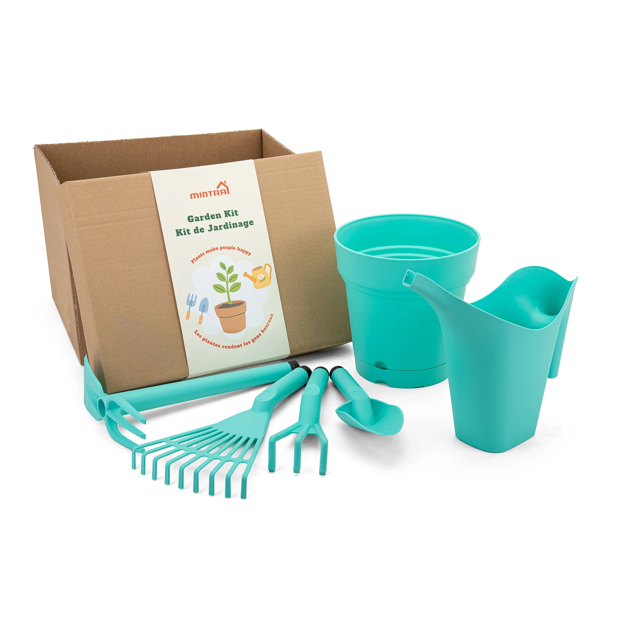 Kit de Jardin - 1 Arrosoir 2L - 1 Pot de Jardin Rond - et 4 outils de Jardinage (Cultivateur,Truelle,Pelle,Râteau)