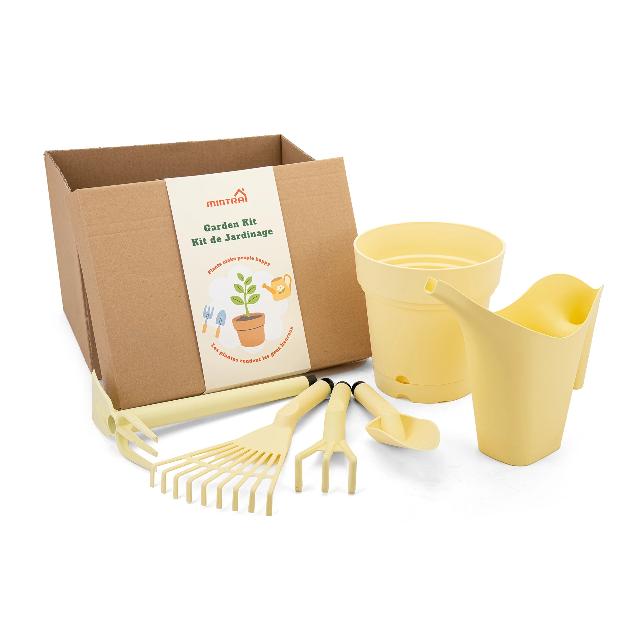 Kit de Jardin - 1 Arrosoir 2L - 1 Pot de Jardin Rond - et 4 outils de Jardinage (Cultivateur,Truelle,Pelle,Râteau)