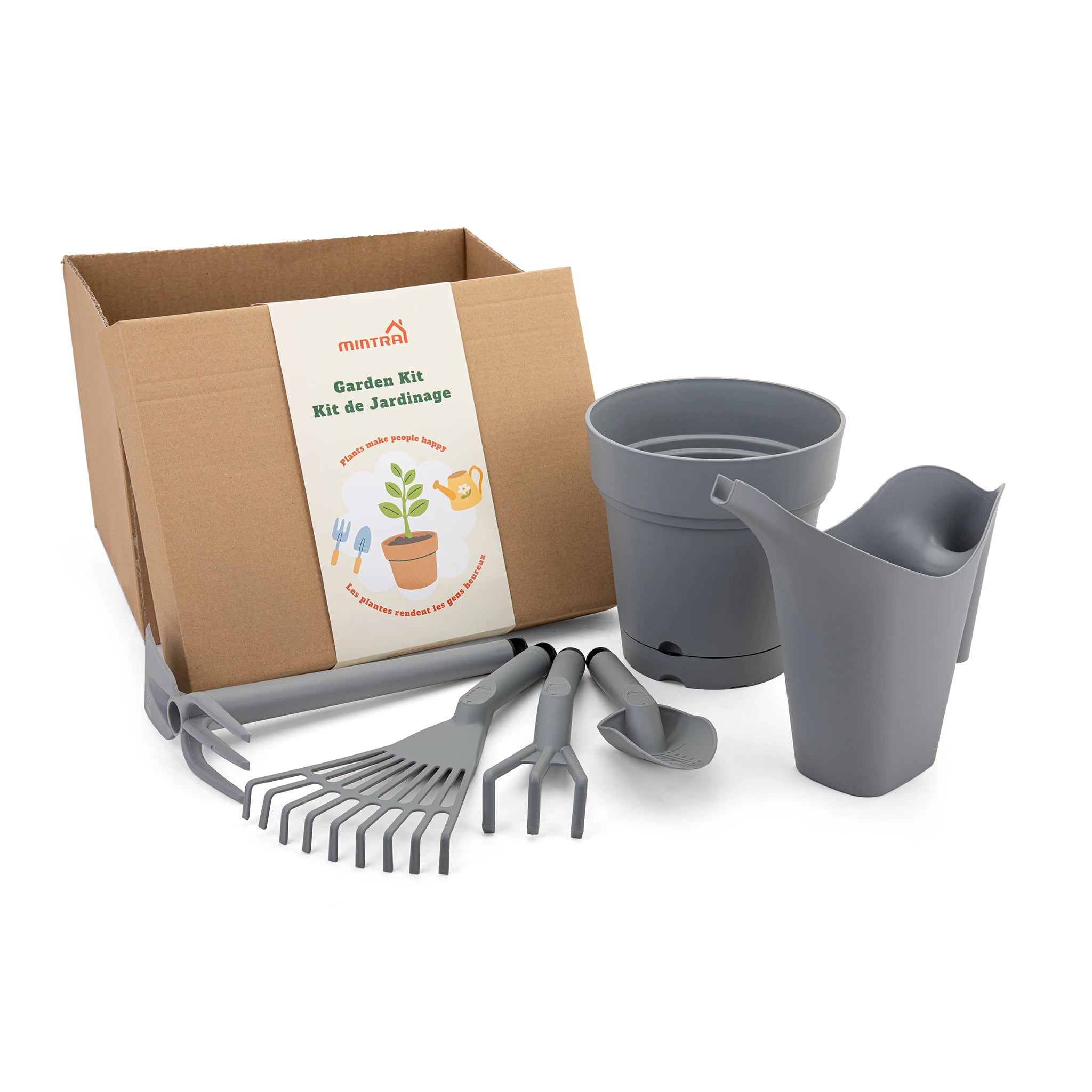 Kit de Jardin - 1 Arrosoir 2L - 1 Pot de Jardin Rond - et 4 outils de Jardinage (Cultivateur,Truelle,Pelle,Râteau)