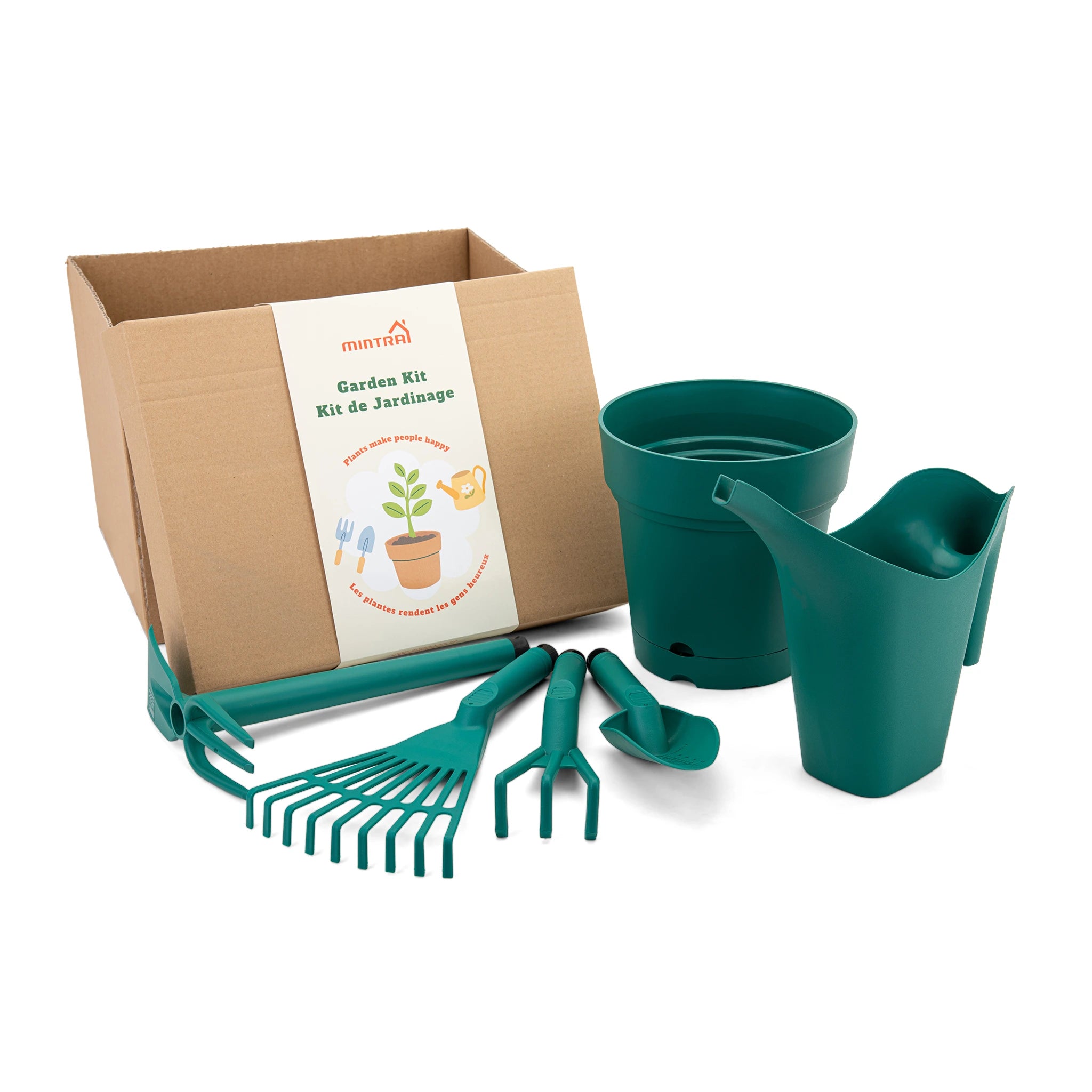 Kit de Jardin - 1 Arrosoir 2L - 1 Pot de Jardin Rond - et 4 outils de Jardinage (Cultivateur,Truelle,Pelle,Râteau)