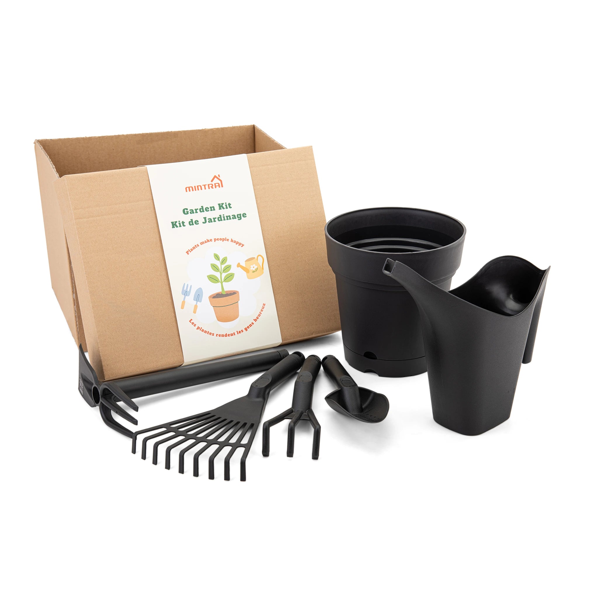 Kit de Jardin - 1 Arrosoir 2L - 1 Pot de Jardin Rond - et 4 outils de Jardinage (Cultivateur,Truelle,Pelle,Râteau)