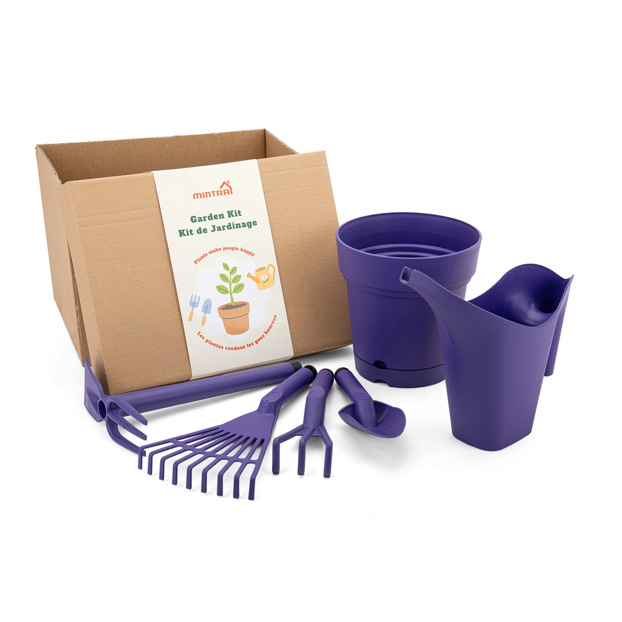 Kit de Jardin - 1 Arrosoir 2L - 1 Pot de Jardin Rond - et 4 outils de Jardinage (Cultivateur,Truelle,Pelle,Râteau)
